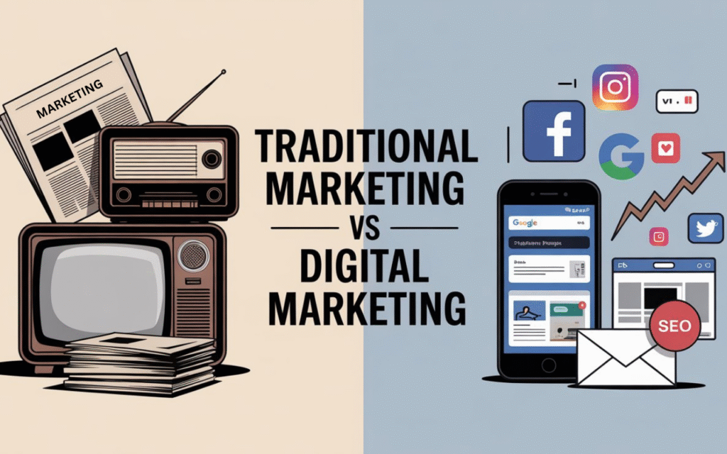 Traditional Marketing vs Digital Marketing: What’s the Difference? 1 Traditional Marketing Vs Digital Marketing - DigiServe BD